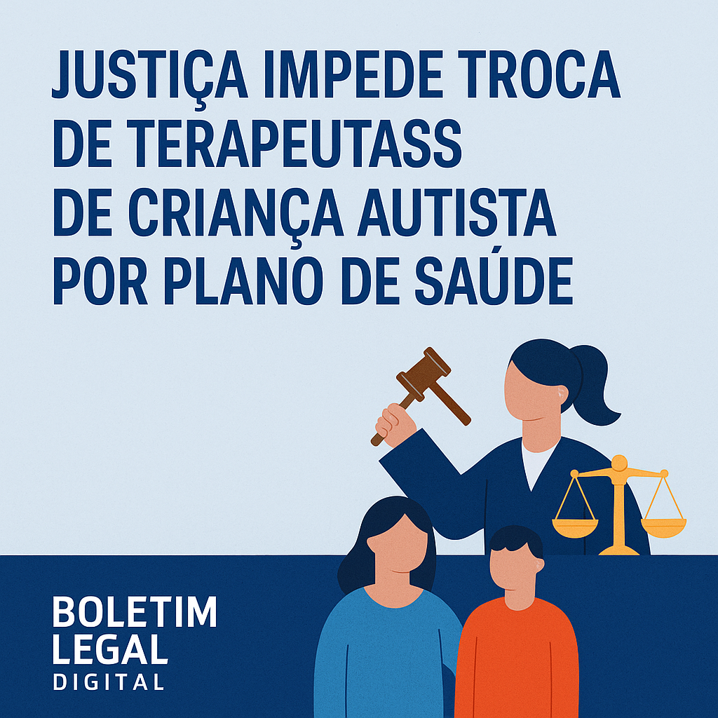 justica-impede-troca-terapeutas-autismo-plano-saude “Ilustração de pais com criança autista e título da notícia sobre plano de saúde impedido de trocar terapeutas”