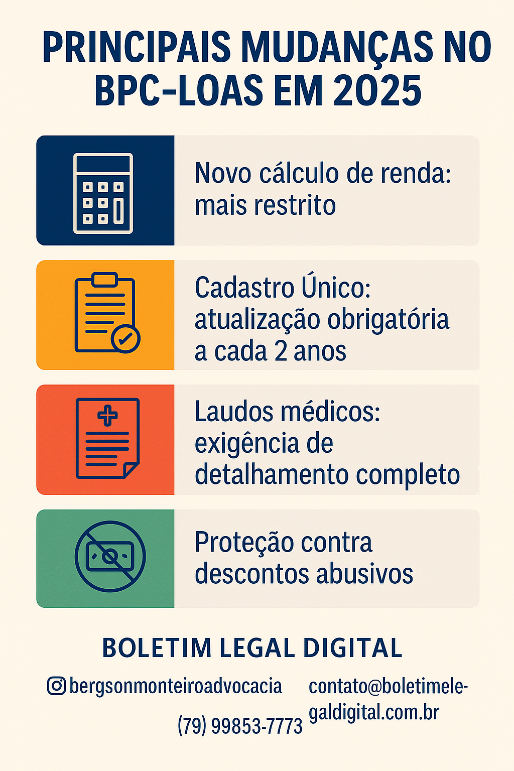 Mudanças no BPC 2025 Principais mudanças no BPC-LOAS em 2025: novo cálculo de renda, atualização do Cadastro Único, exigência de laudos médicos e proteção contra descontos abusivos – Boletim Legal Digital