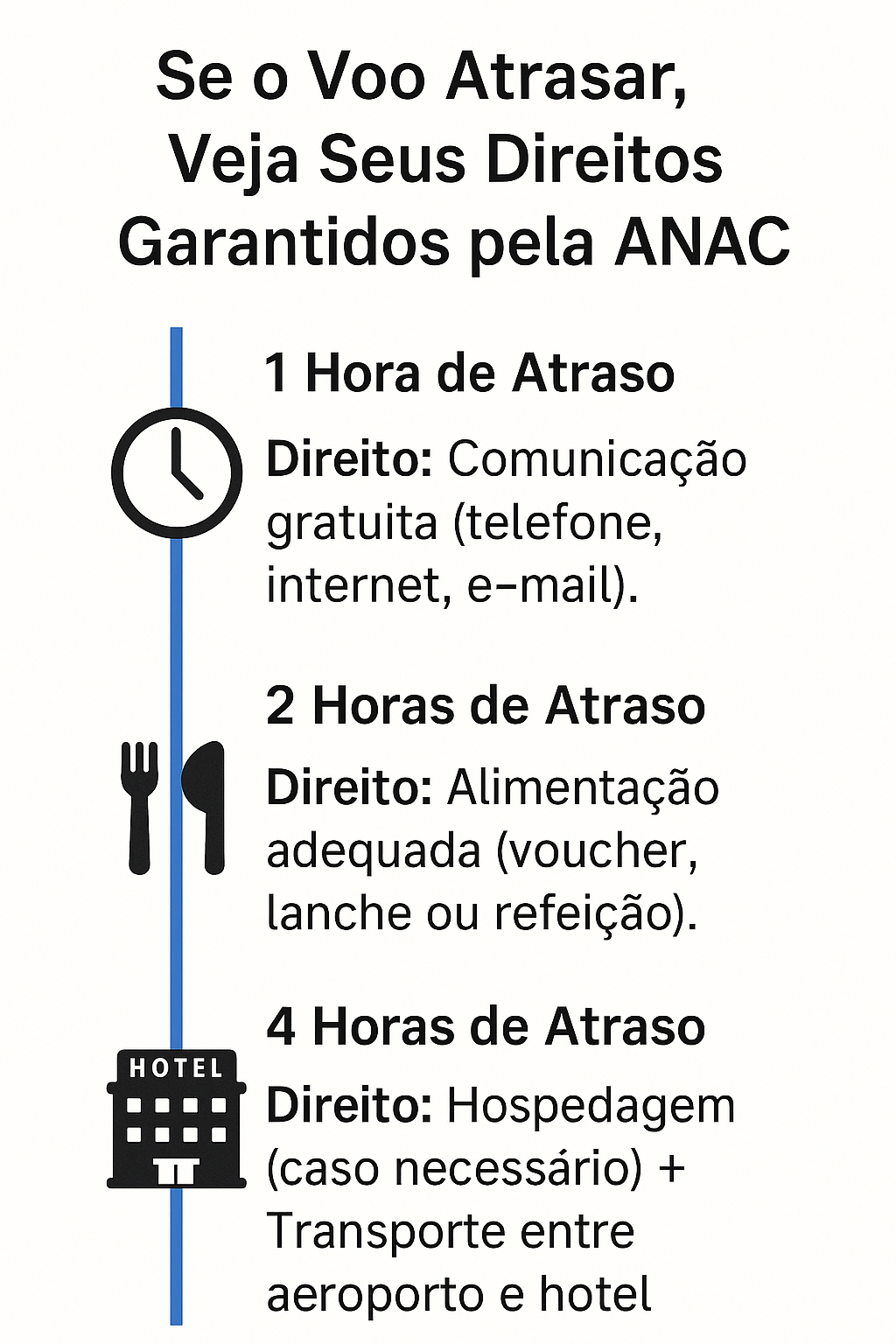 atrasou - dirietos Infográfico vertical mostra os direitos dos passageiros conforme o tempo de atraso do voo: após 1 hora, direito à comunicação gratuita; após 2 horas, alimentação adequada; após 4 horas, hospedagem e transporte se necessário.