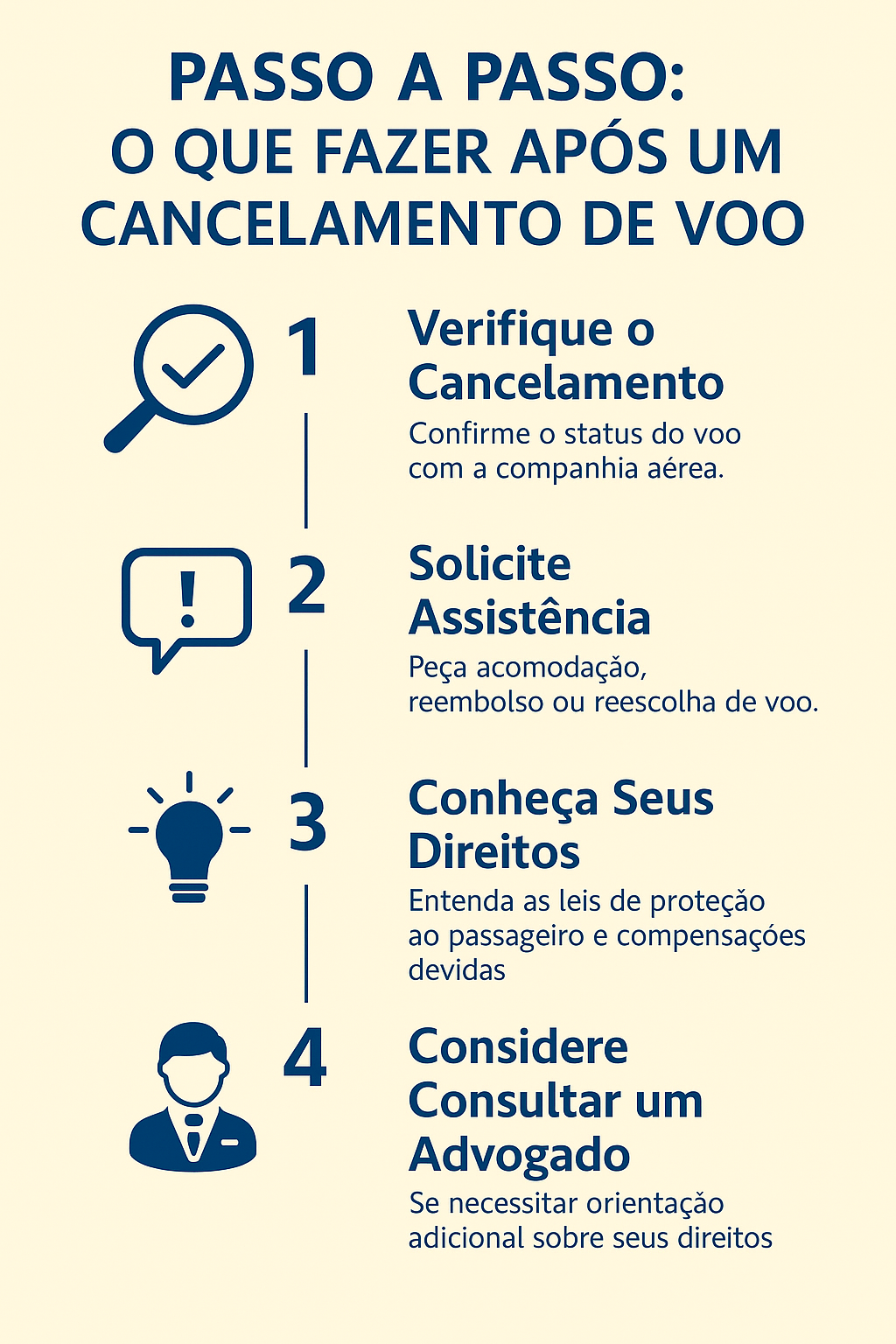 cancelamento passo a passo Infográfico em estilo passo a passo que orienta o passageiro sobre o que fazer após o cancelamento de voo: documentar a situação, buscar solução com a companhia aérea, registrar reclamação oficial e procurar advogado especializado.
