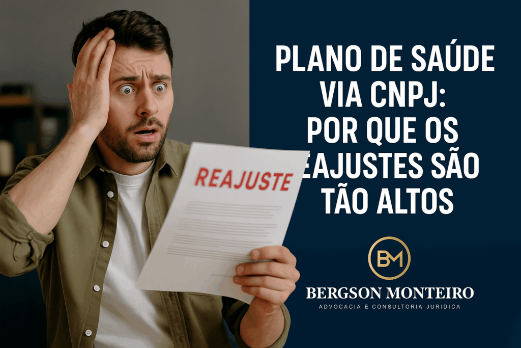 Homem assustado com reajuste no plano de saúde via CNPJ ao lado da marca Bergson Monteiro Advocacia e Consultoria Jurídica.